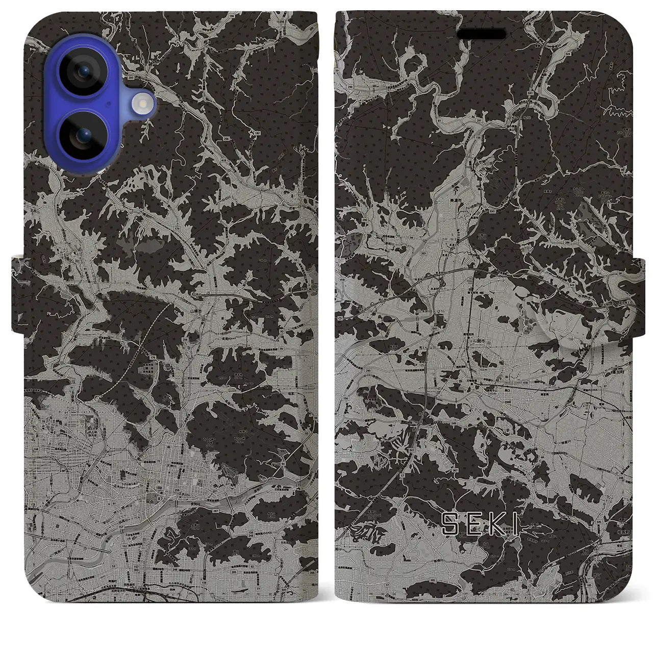 【関(岐阜県)】地図柄iPhoneケース(手帳タイプ)モノトーン・iPhone 16 Pro Max 用