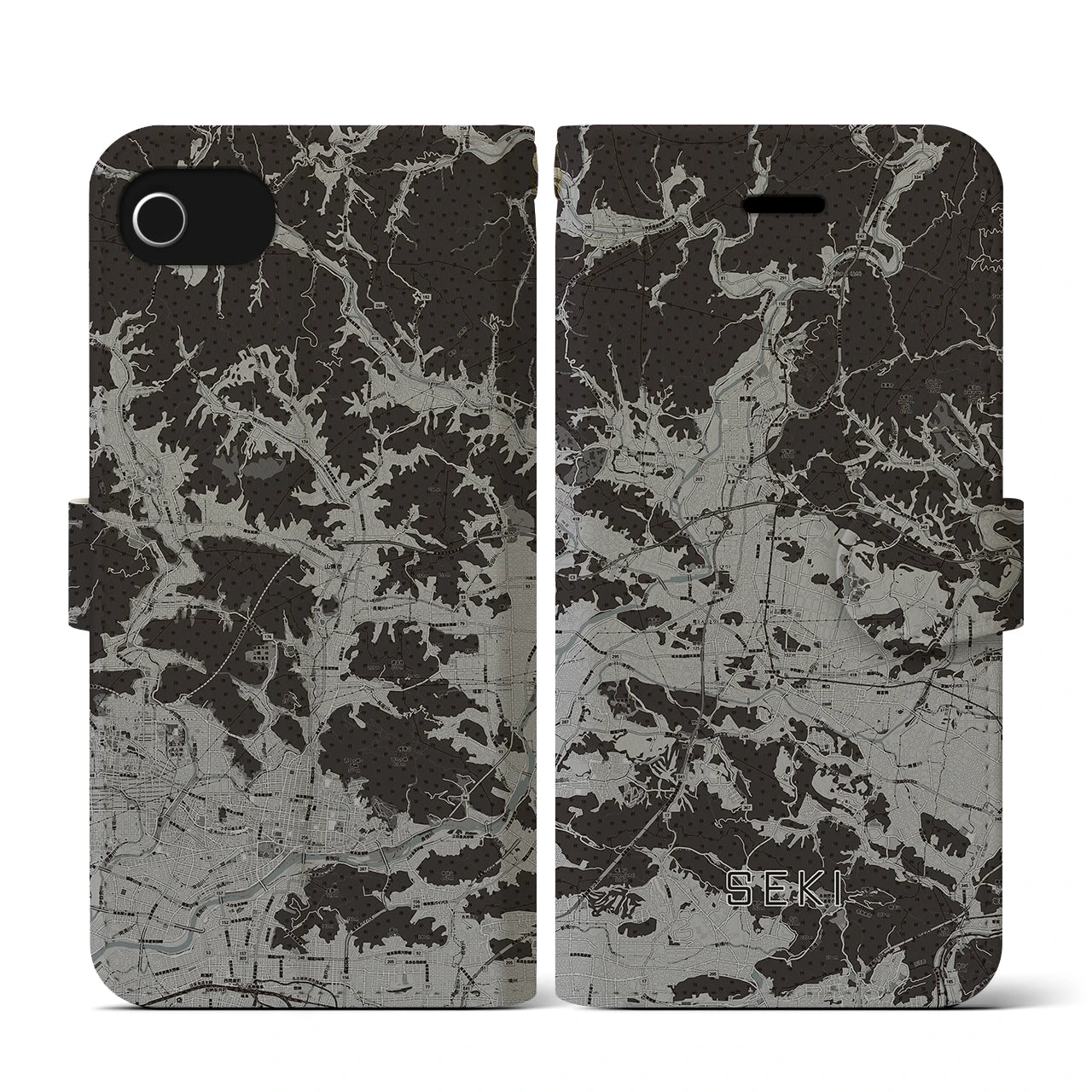【関(岐阜県)】地図柄iPhoneケース(手帳タイプ)モノトーン・iPhone SE(第3 / 第2世代) / 8 / 7 / 6s / 6 用