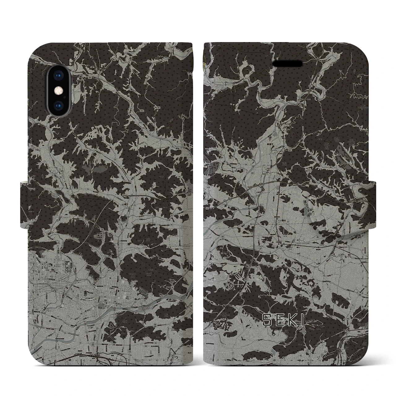 【関(岐阜県)】地図柄iPhoneケース(手帳タイプ)モノトーン・iPhone XS / X 用