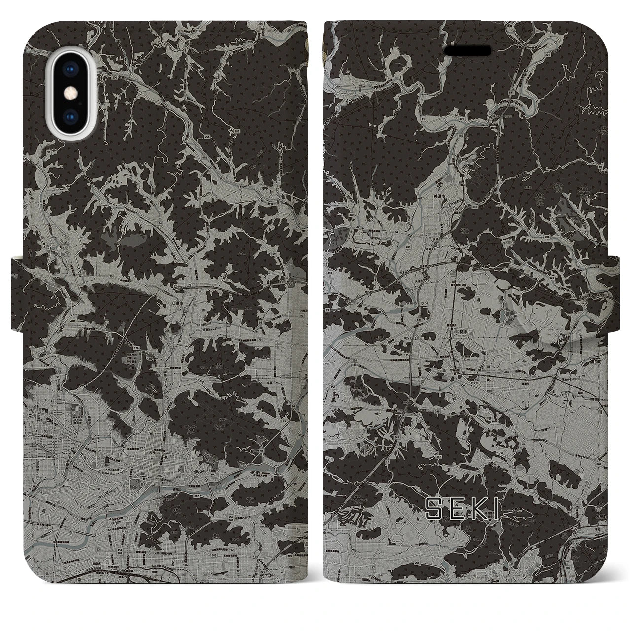 【関(岐阜県)】地図柄iPhoneケース(手帳タイプ)モノトーン・iPhone XS Max 用