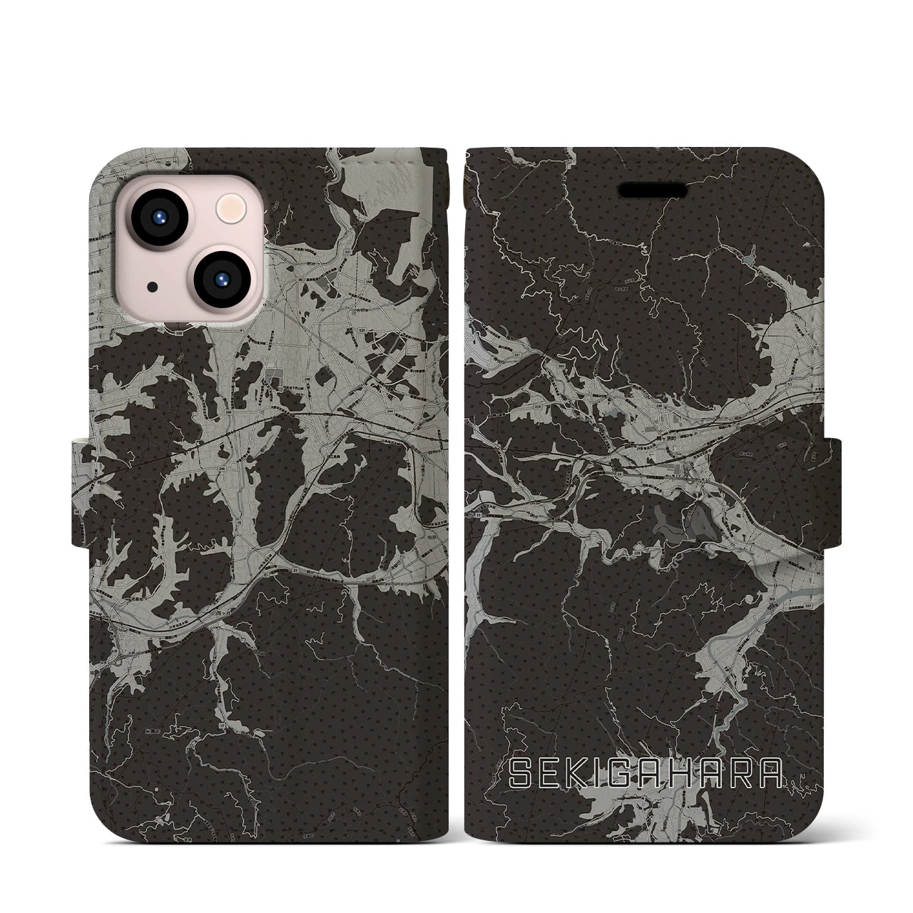 【関ケ原(岐阜県)】地図柄iPhoneケース(手帳タイプ)モノトーン・iPhone 13 mini 用