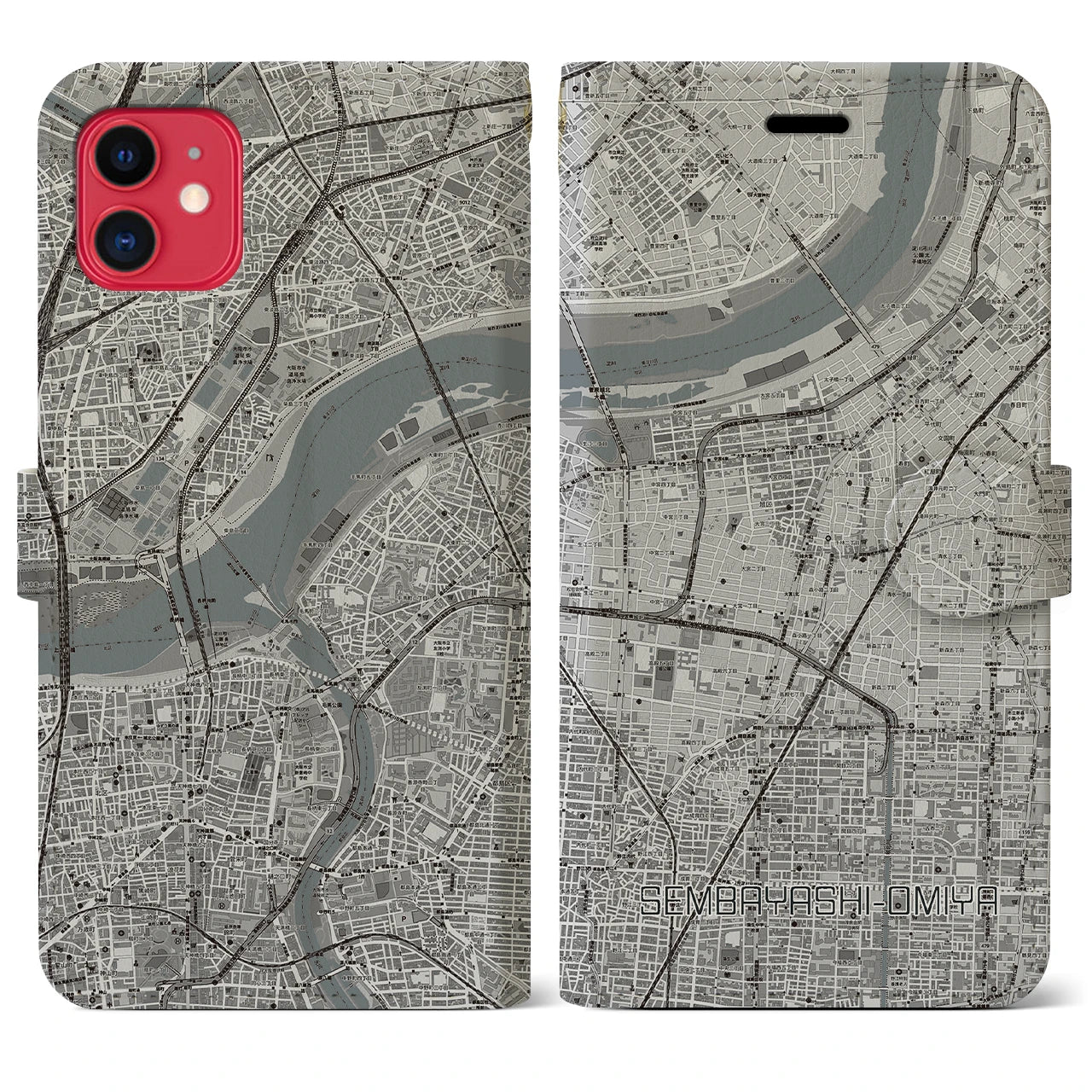 【千林大宮(大阪府)】地図柄iPhoneケース(手帳タイプ)モノトーン・iPhone 11 用