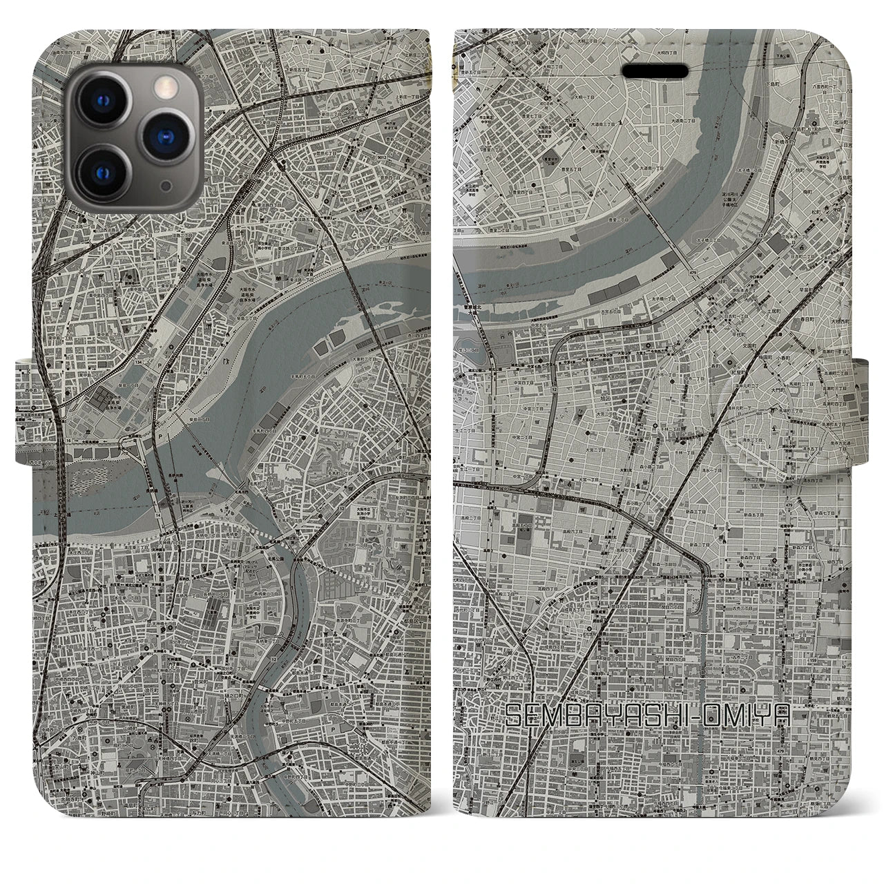 【千林大宮(大阪府)】地図柄iPhoneケース(手帳タイプ)モノトーン・iPhone 11 Pro Max 用