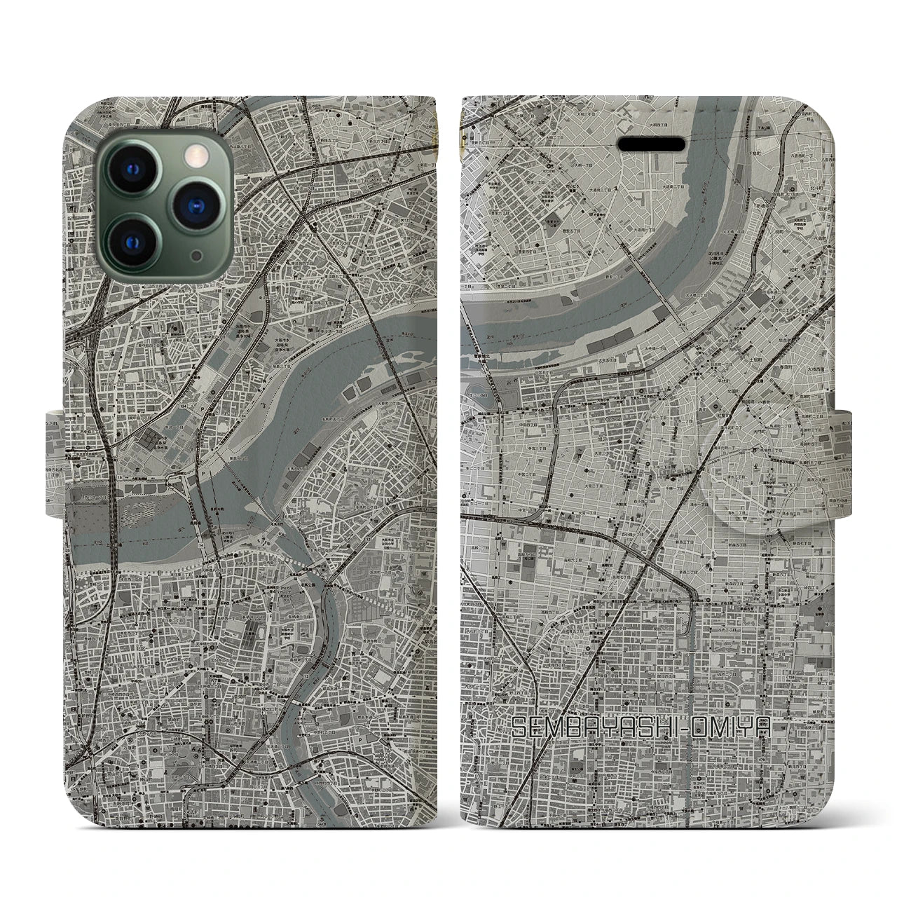 【千林大宮(大阪府)】地図柄iPhoneケース(手帳タイプ)モノトーン・iPhone 11 Pro 用