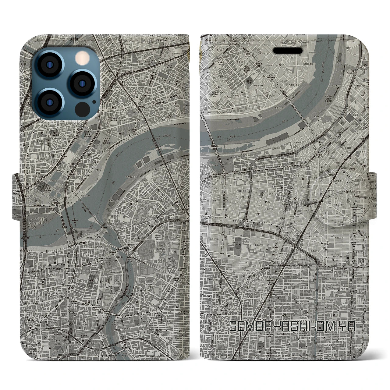 【千林大宮(大阪府)】地図柄iPhoneケース(手帳タイプ)モノトーン・iPhone 12 / 12 Pro 用