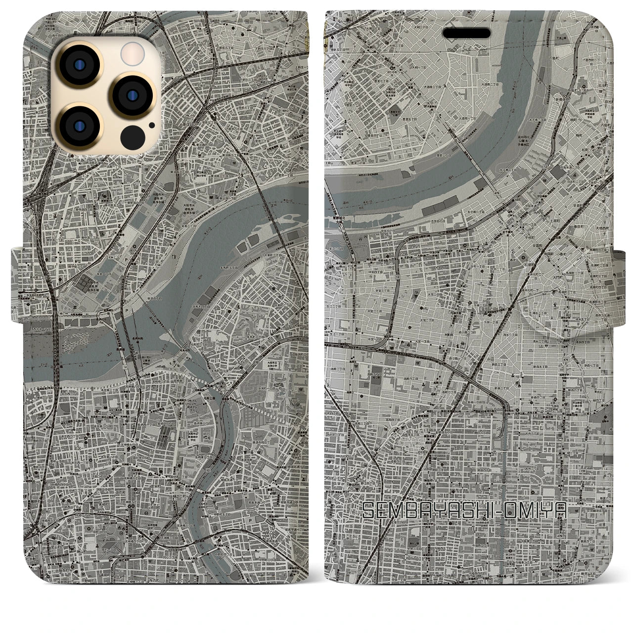 【千林大宮(大阪府)】地図柄iPhoneケース(手帳タイプ)モノトーン・iPhone 12 Pro Max 用