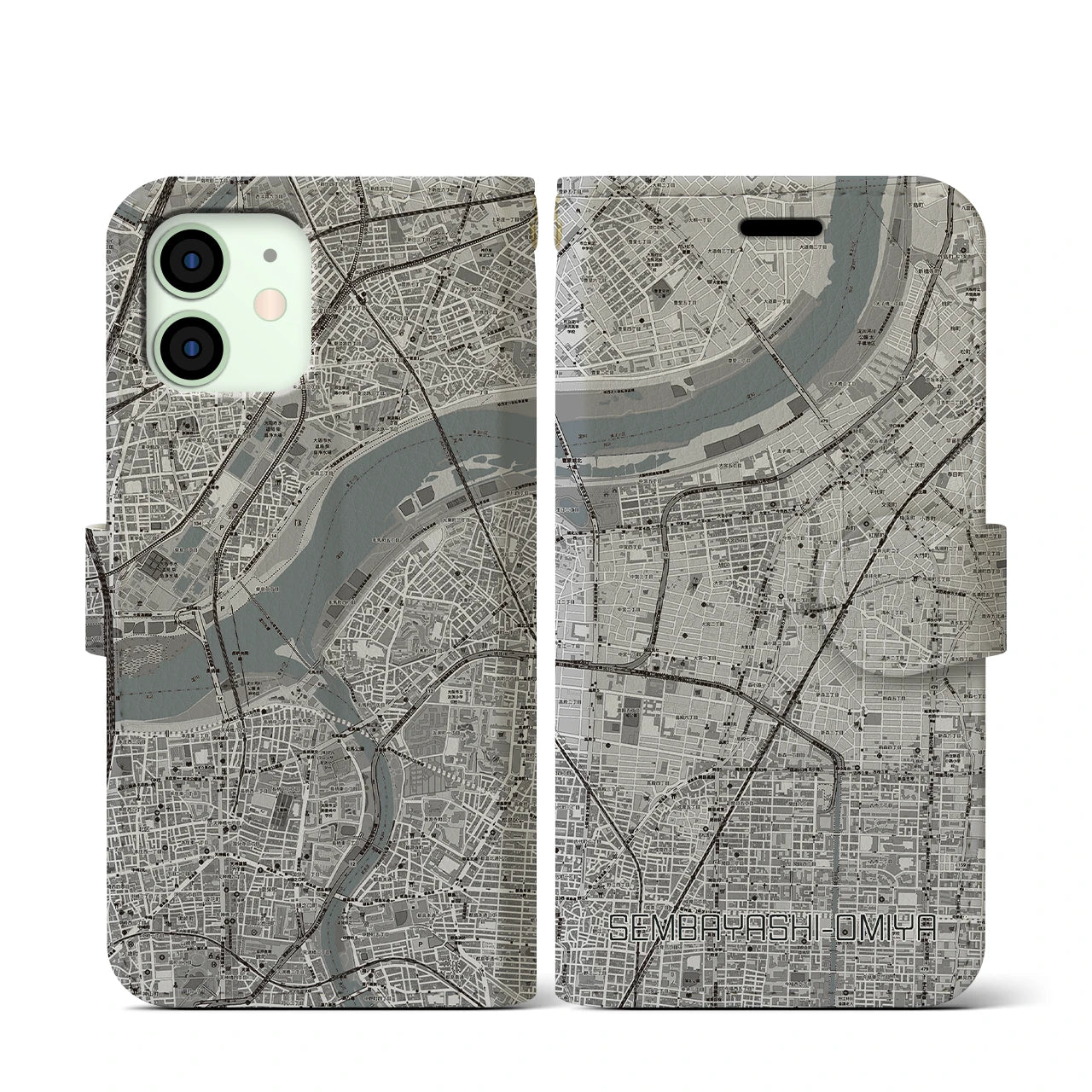 【千林大宮(大阪府)】地図柄iPhoneケース(手帳タイプ)モノトーン・iPhone 12 mini 用