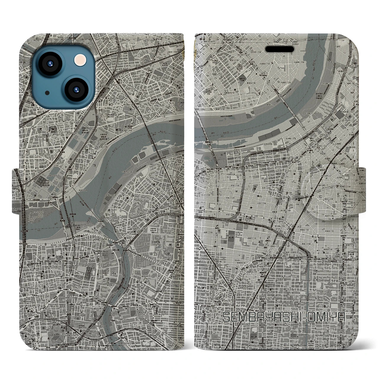 【千林大宮(大阪府)】地図柄iPhoneケース(手帳タイプ)モノトーン・iPhone 13 用