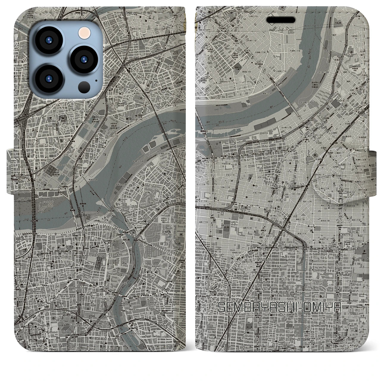【千林大宮(大阪府)】地図柄iPhoneケース(手帳タイプ)モノトーン・iPhone 13 Pro Max 用