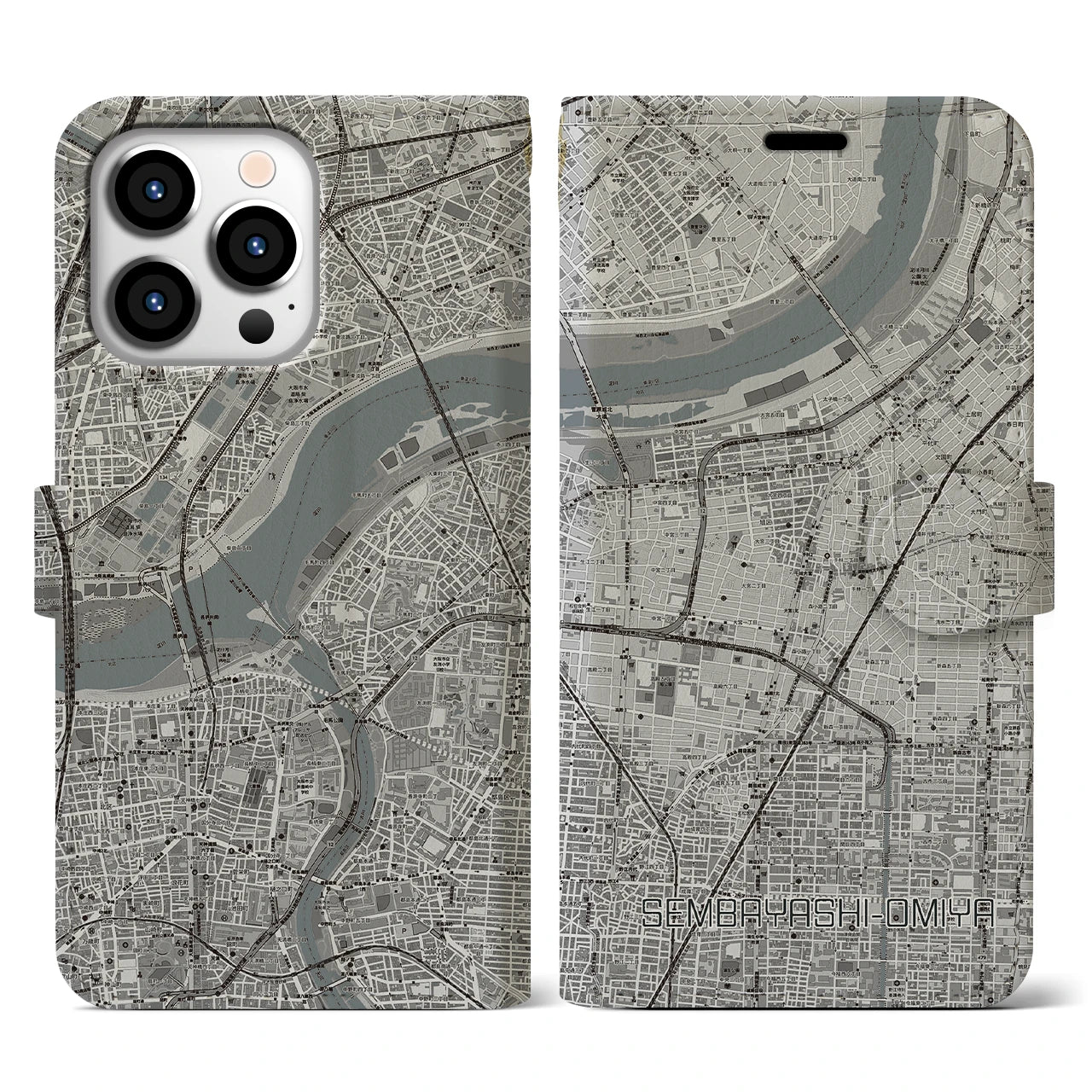 【千林大宮(大阪府)】地図柄iPhoneケース(手帳タイプ)モノトーン・iPhone 13 Pro 用