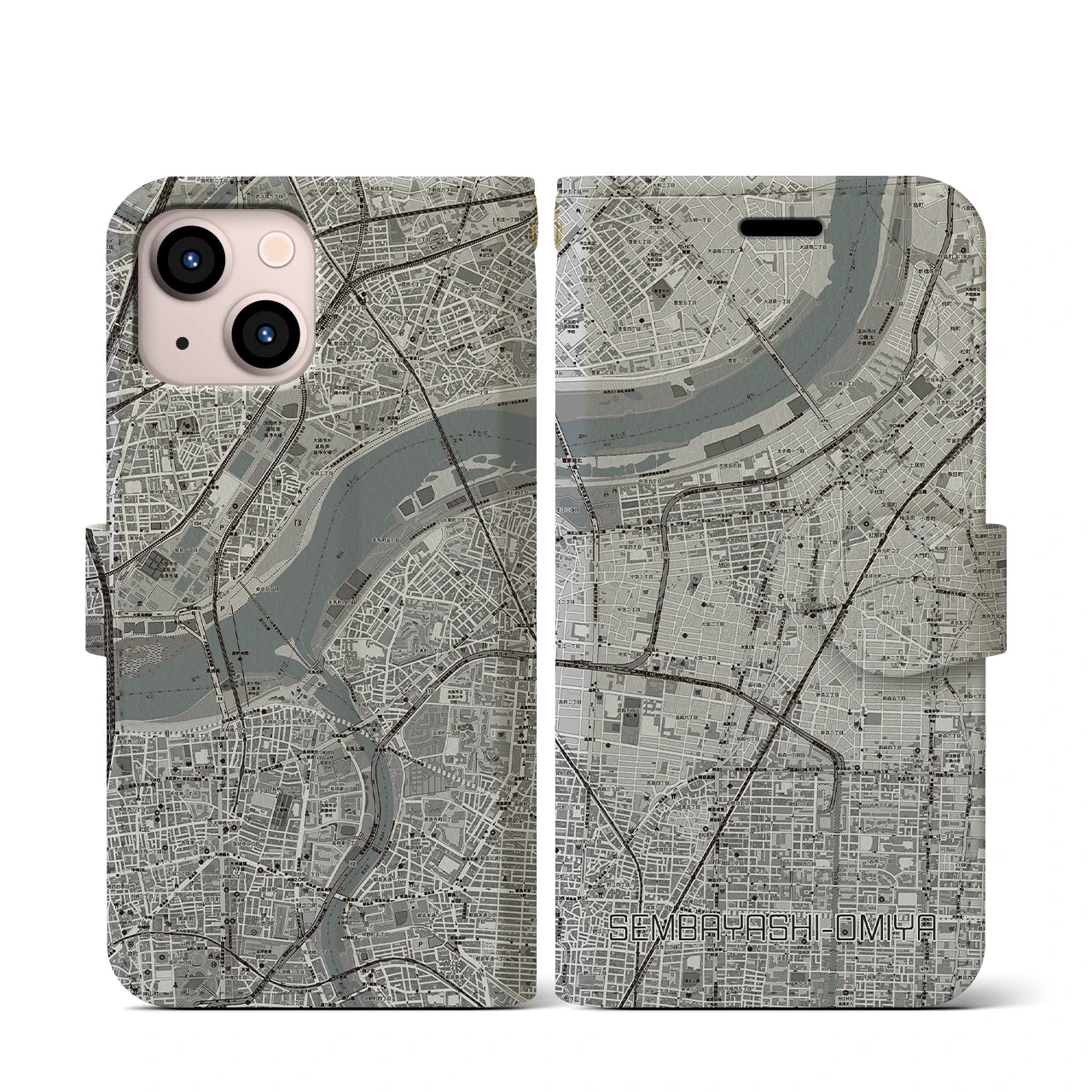 【千林大宮(大阪府)】地図柄iPhoneケース(手帳タイプ)モノトーン・iPhone 13 mini 用