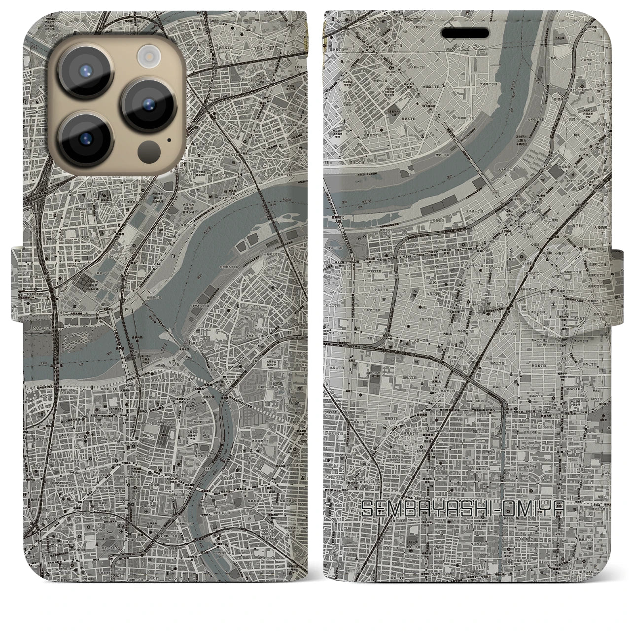 【千林大宮(大阪府)】地図柄iPhoneケース(手帳タイプ)モノトーン・iPhone 14 Pro Max 用