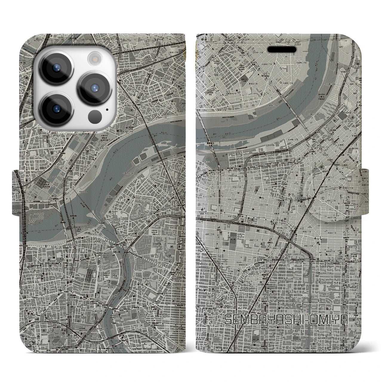 【千林大宮(大阪府)】地図柄iPhoneケース(手帳タイプ)モノトーン・iPhone 14 Pro 用