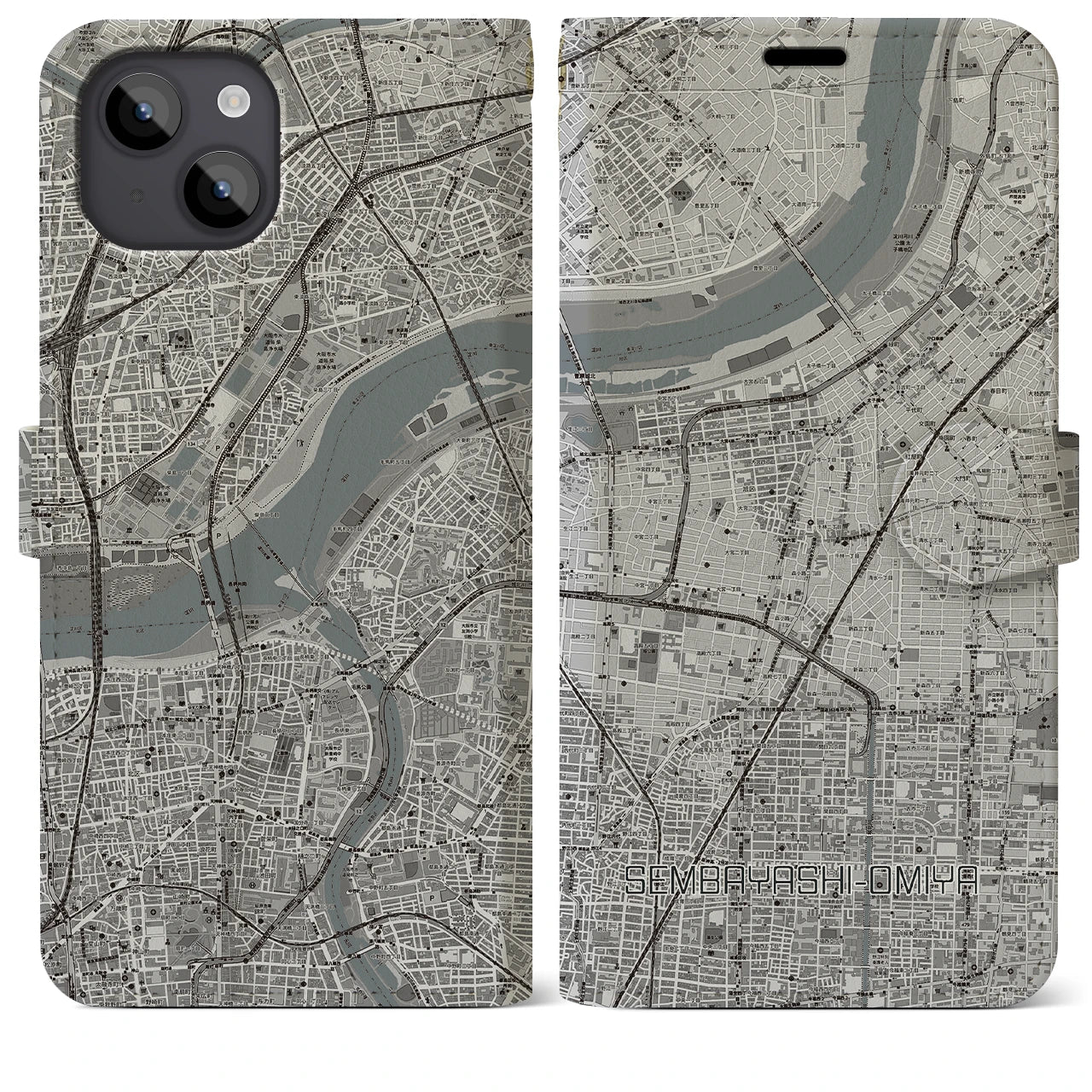 【千林大宮(大阪府)】地図柄iPhoneケース(手帳タイプ)モノトーン・iPhone 14 Plus 用