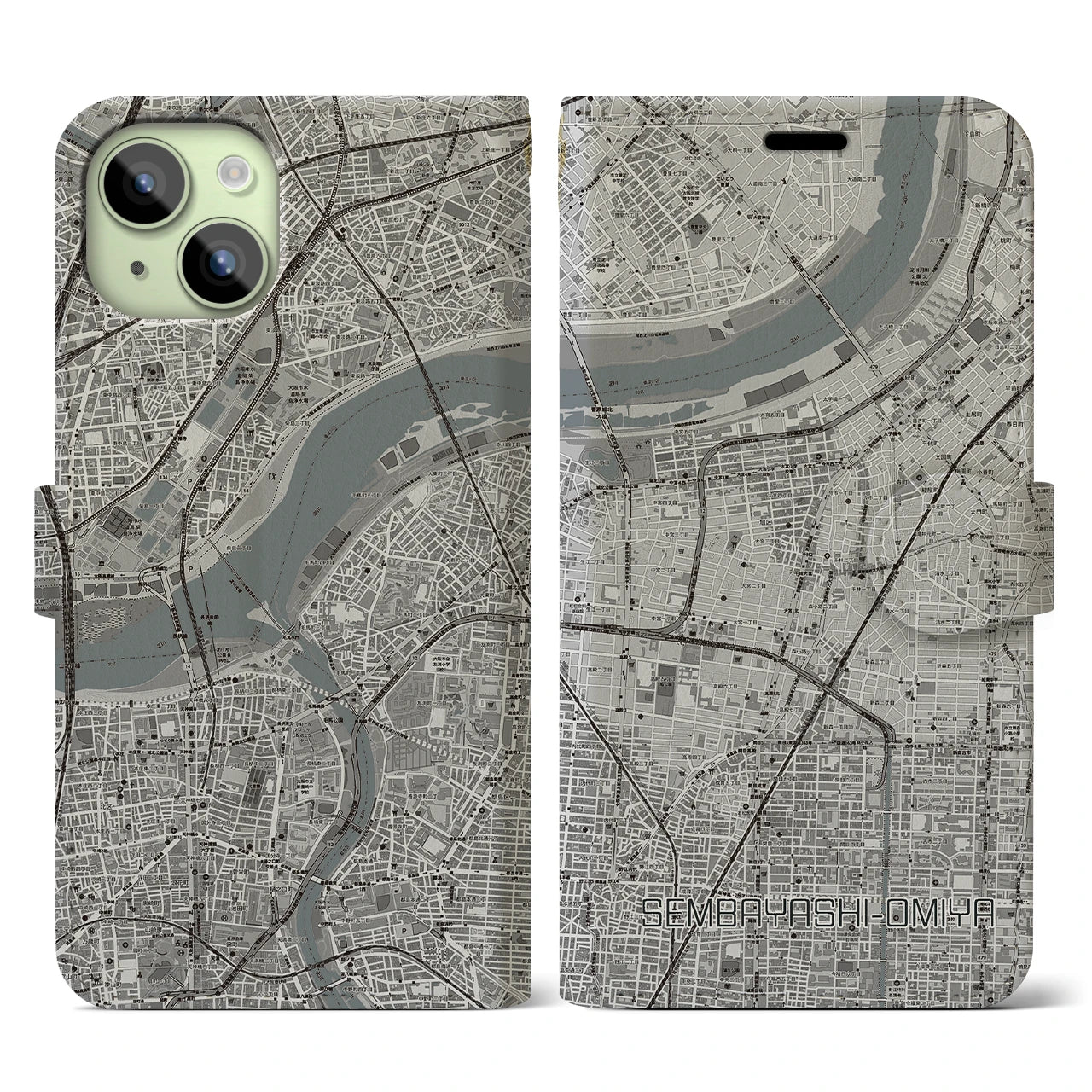 【千林大宮(大阪府)】地図柄iPhoneケース(手帳タイプ)モノトーン・iPhone 15 用