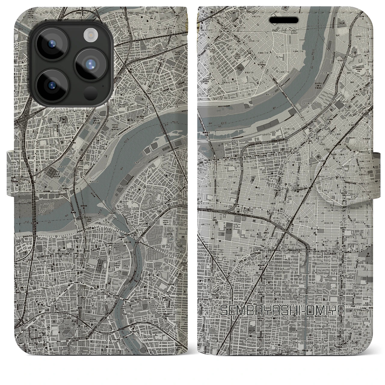 【千林大宮(大阪府)】地図柄iPhoneケース(手帳タイプ)モノトーン・iPhone 15 Pro Max 用