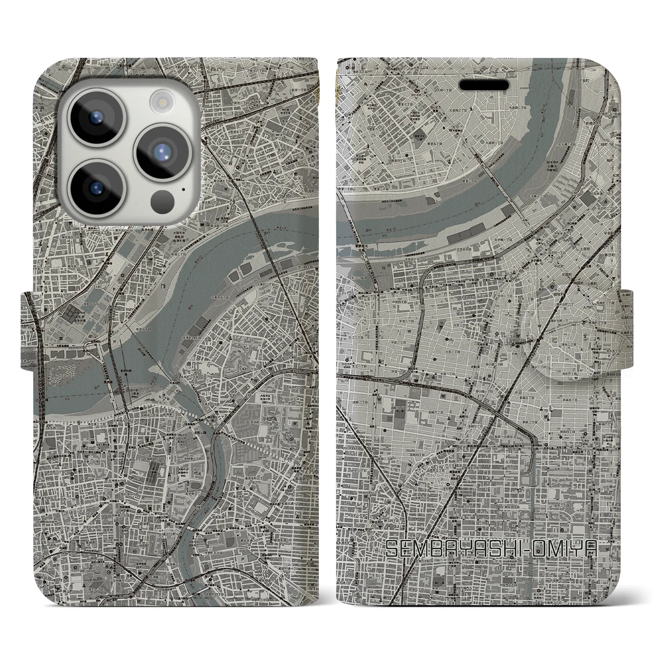 【千林大宮(大阪府)】地図柄iPhoneケース(手帳タイプ)モノトーン・iPhone 15 Pro 用