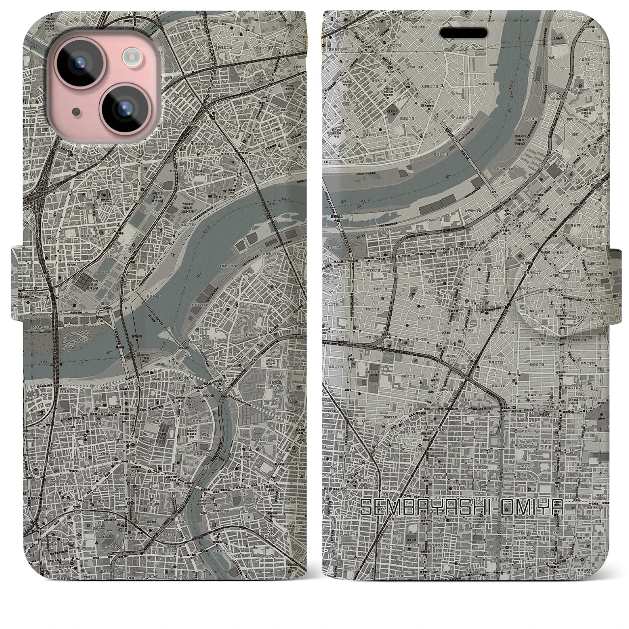 【千林大宮(大阪府)】地図柄iPhoneケース(手帳タイプ)モノトーン・iPhone 15 Plus 用