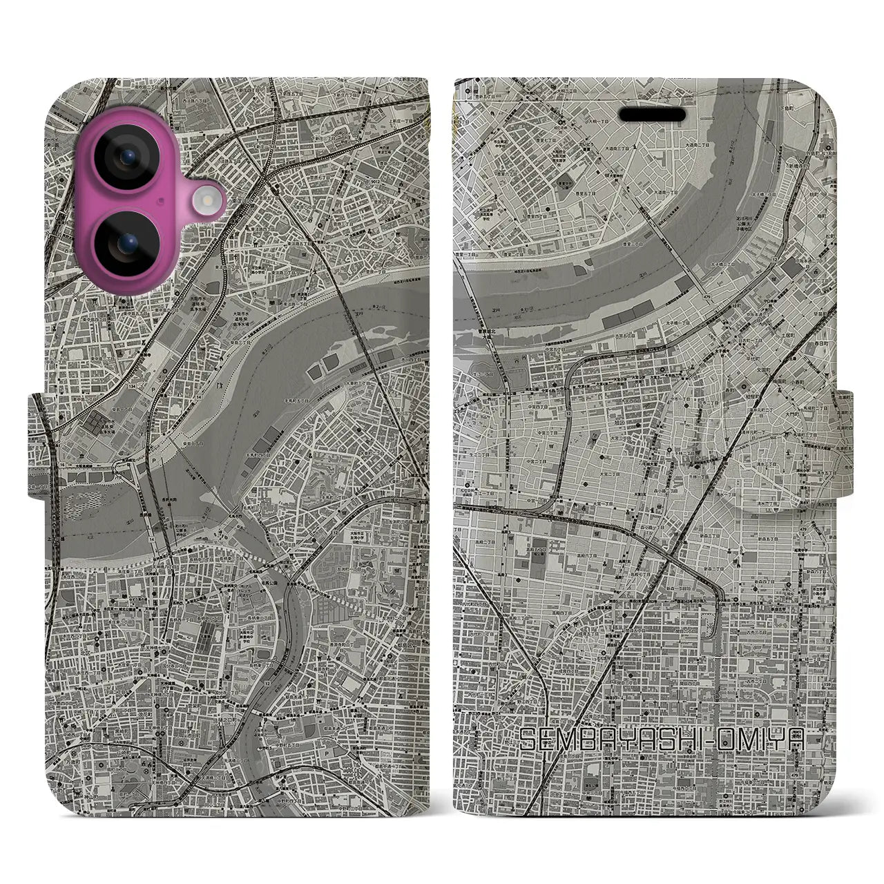 【千林大宮(大阪府)】地図柄iPhoneケース(手帳タイプ)モノトーン・iPhone 16 Pro 用