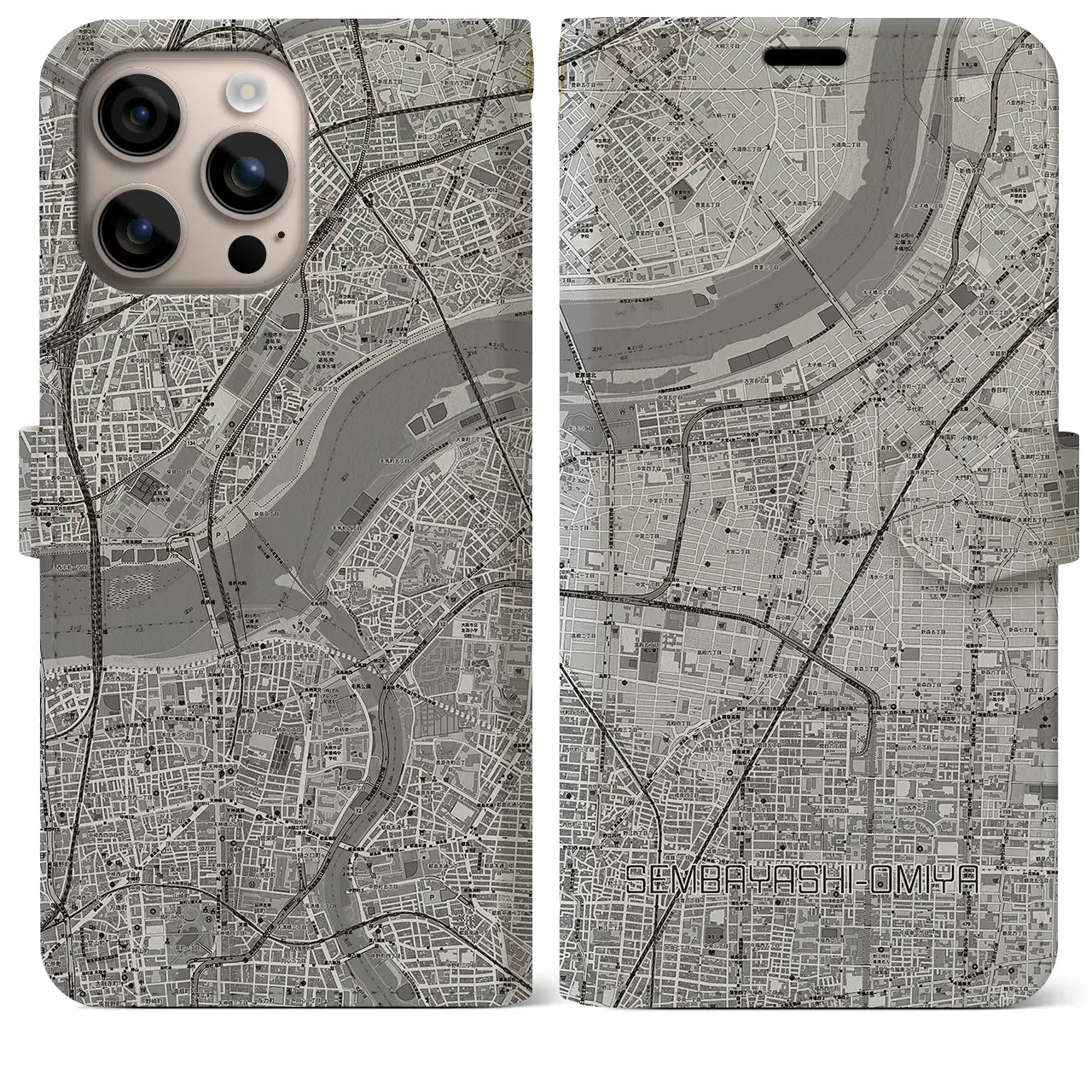 【千林大宮(大阪府)】地図柄iPhoneケース(手帳タイプ)モノトーン・iPhone 16 Plus 用