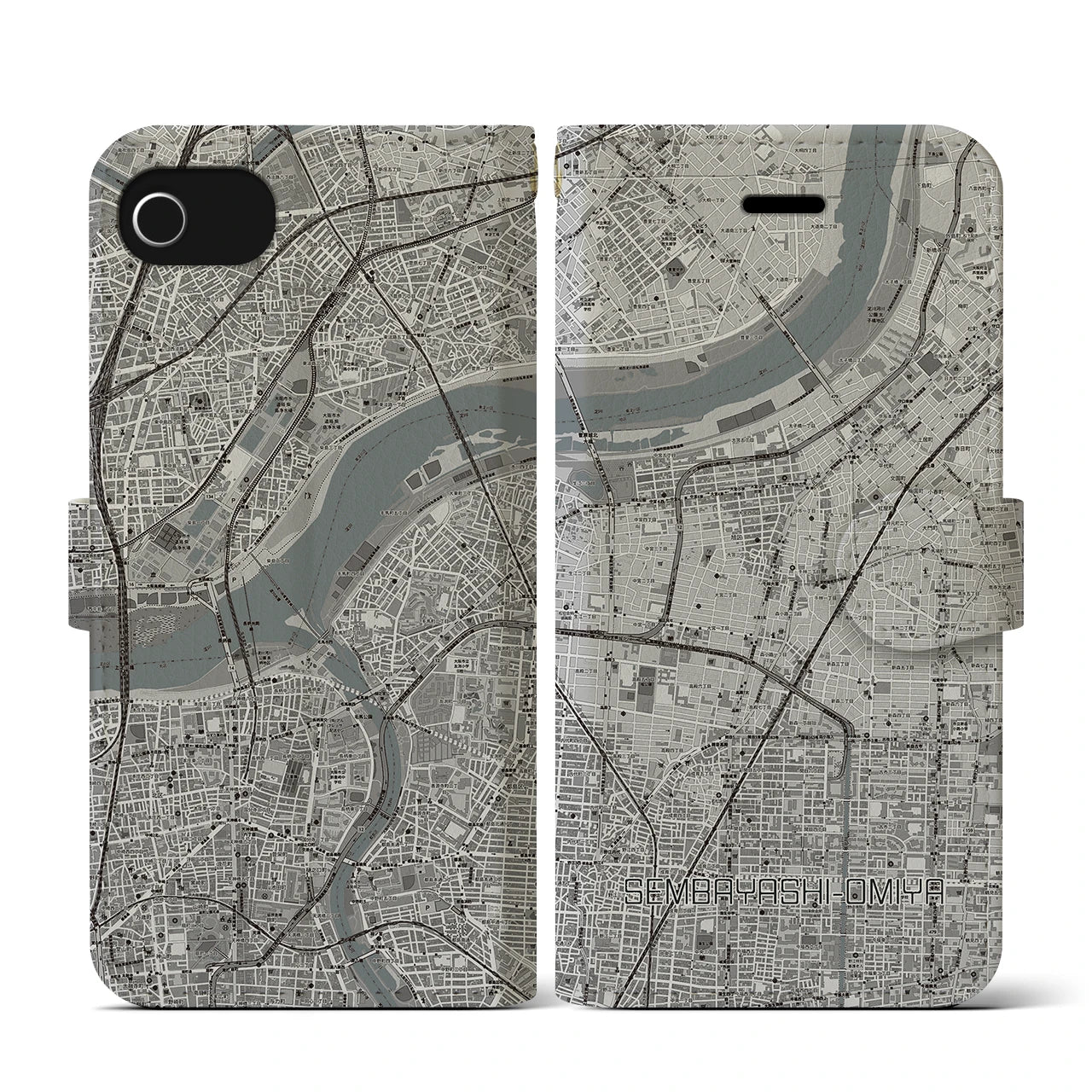 【千林大宮(大阪府)】地図柄iPhoneケース(手帳タイプ)モノトーン・iPhone SE(第3 / 第2世代) / 8 / 7 / 6s / 6 用