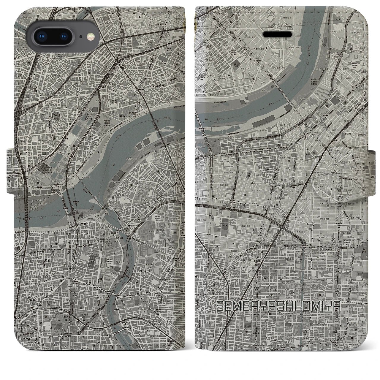 【千林大宮(大阪府)】地図柄iPhoneケース(手帳タイプ)モノトーン・iPhone 8Plus /7Plus / 6sPlus / 6Plus 用