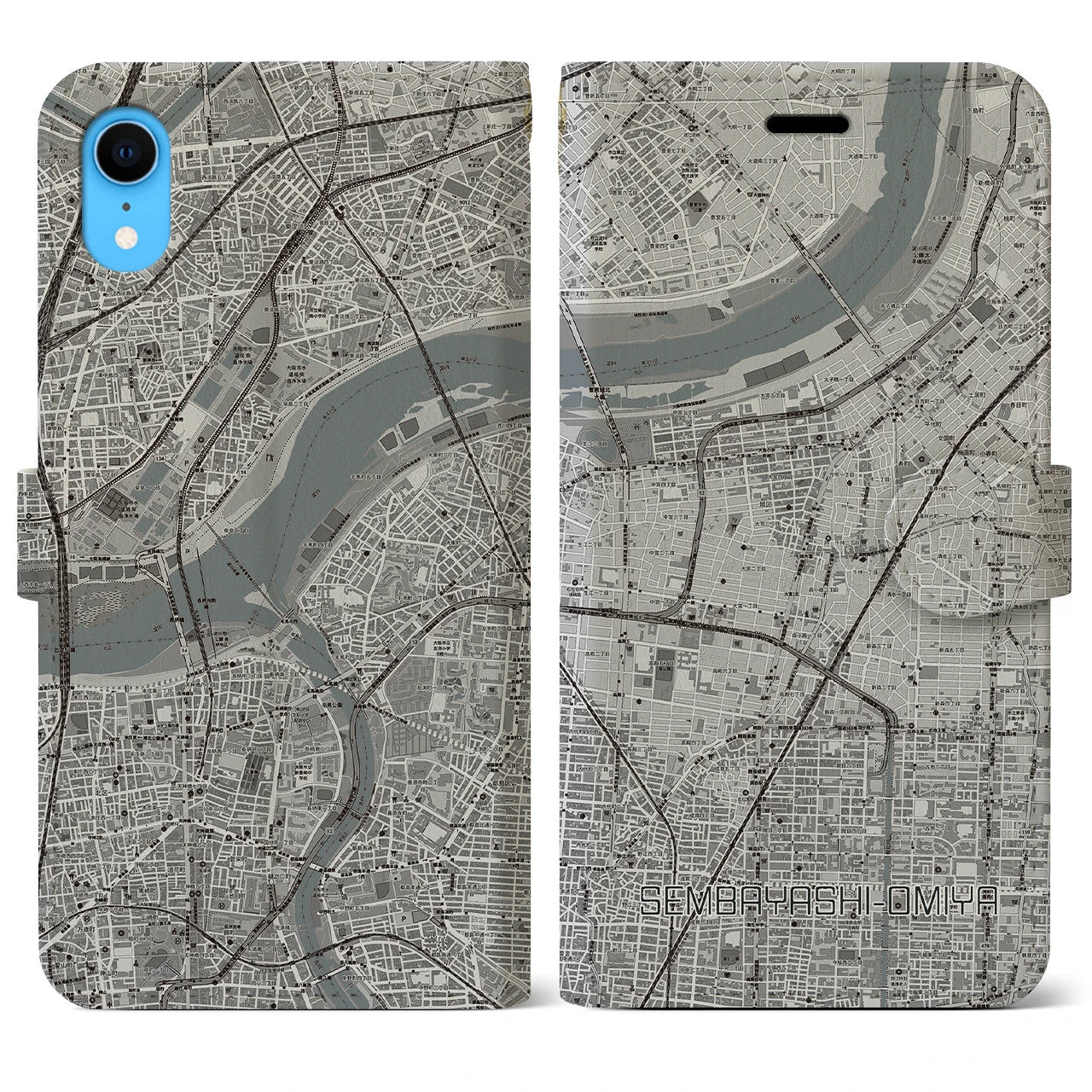 【千林大宮(大阪府)】地図柄iPhoneケース(手帳タイプ)モノトーン・iPhone XR 用