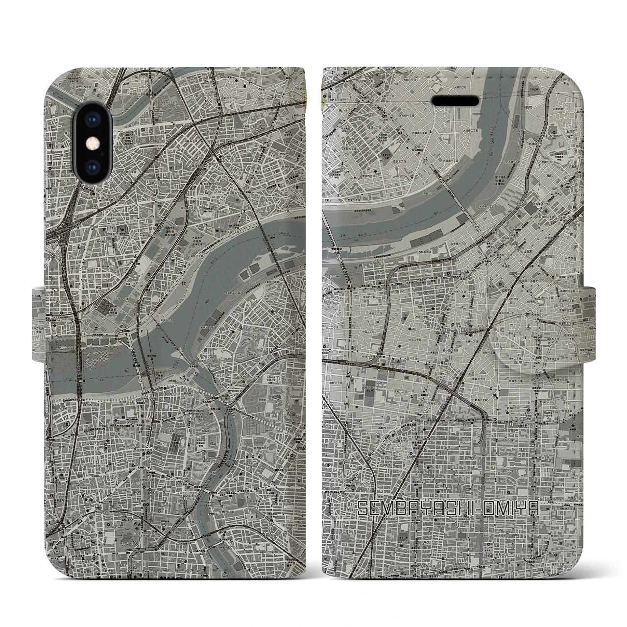 【千林大宮(大阪府)】地図柄iPhoneケース(手帳タイプ)モノトーン・iPhone XS / X 用