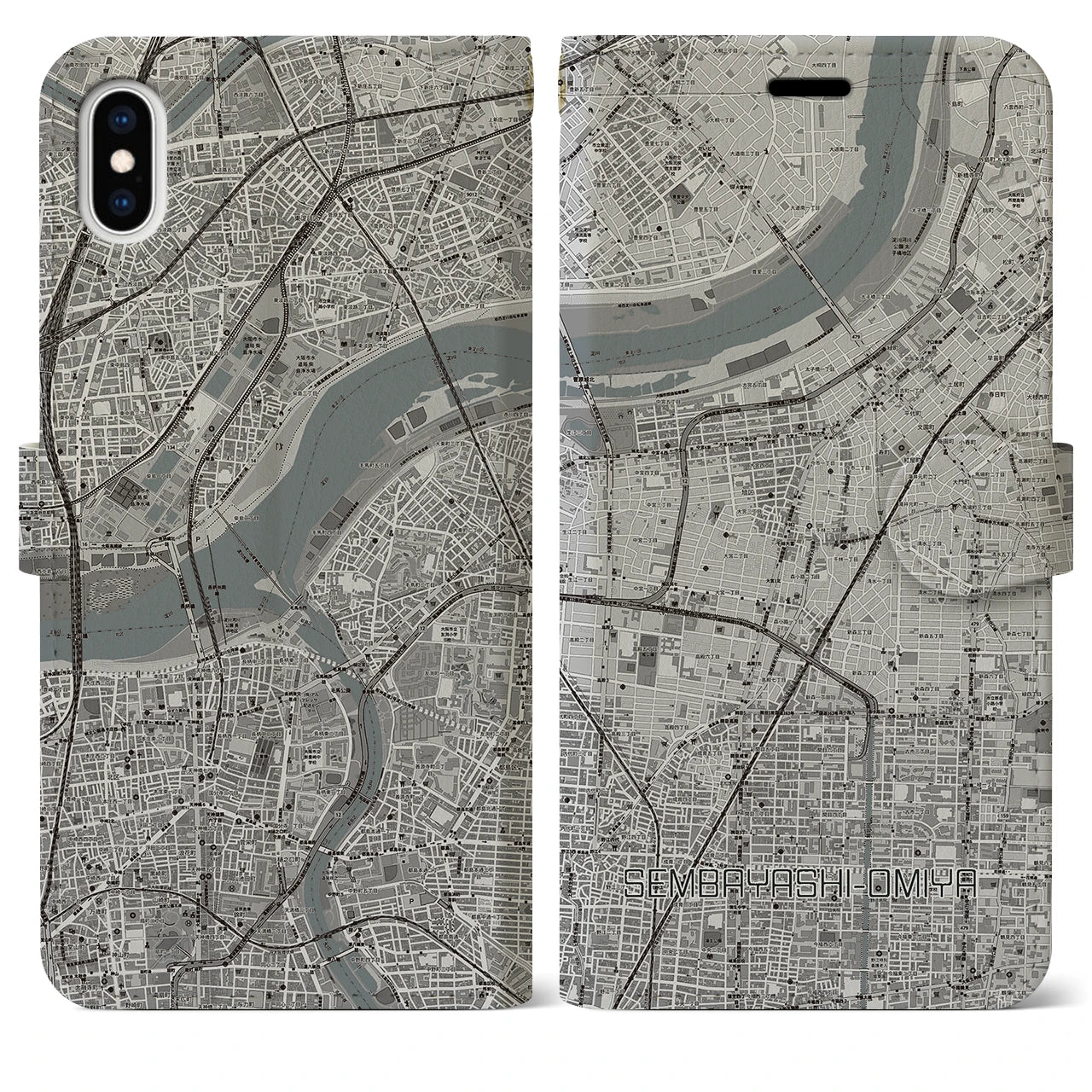 【千林大宮(大阪府)】地図柄iPhoneケース(手帳タイプ)モノトーン・iPhone XS Max 用