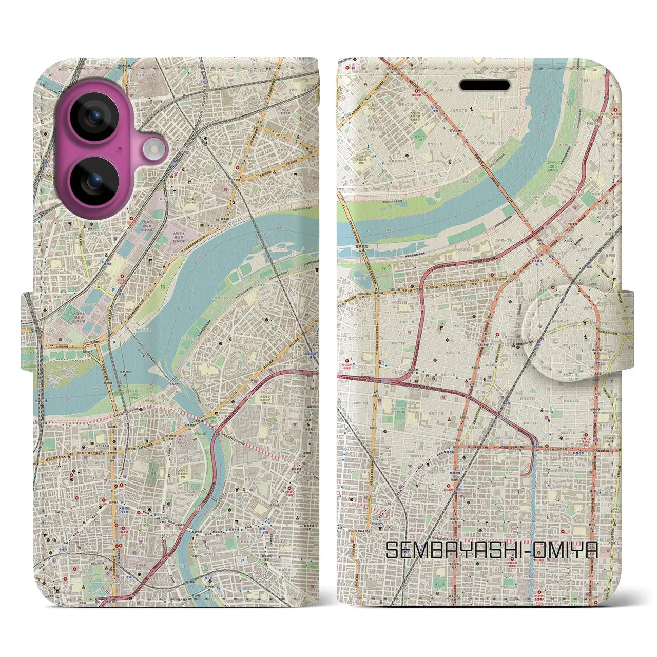 【千林大宮(大阪府)】地図柄iPhoneケース(手帳タイプ)ナチュラル・iPhone 16 Pro 用
