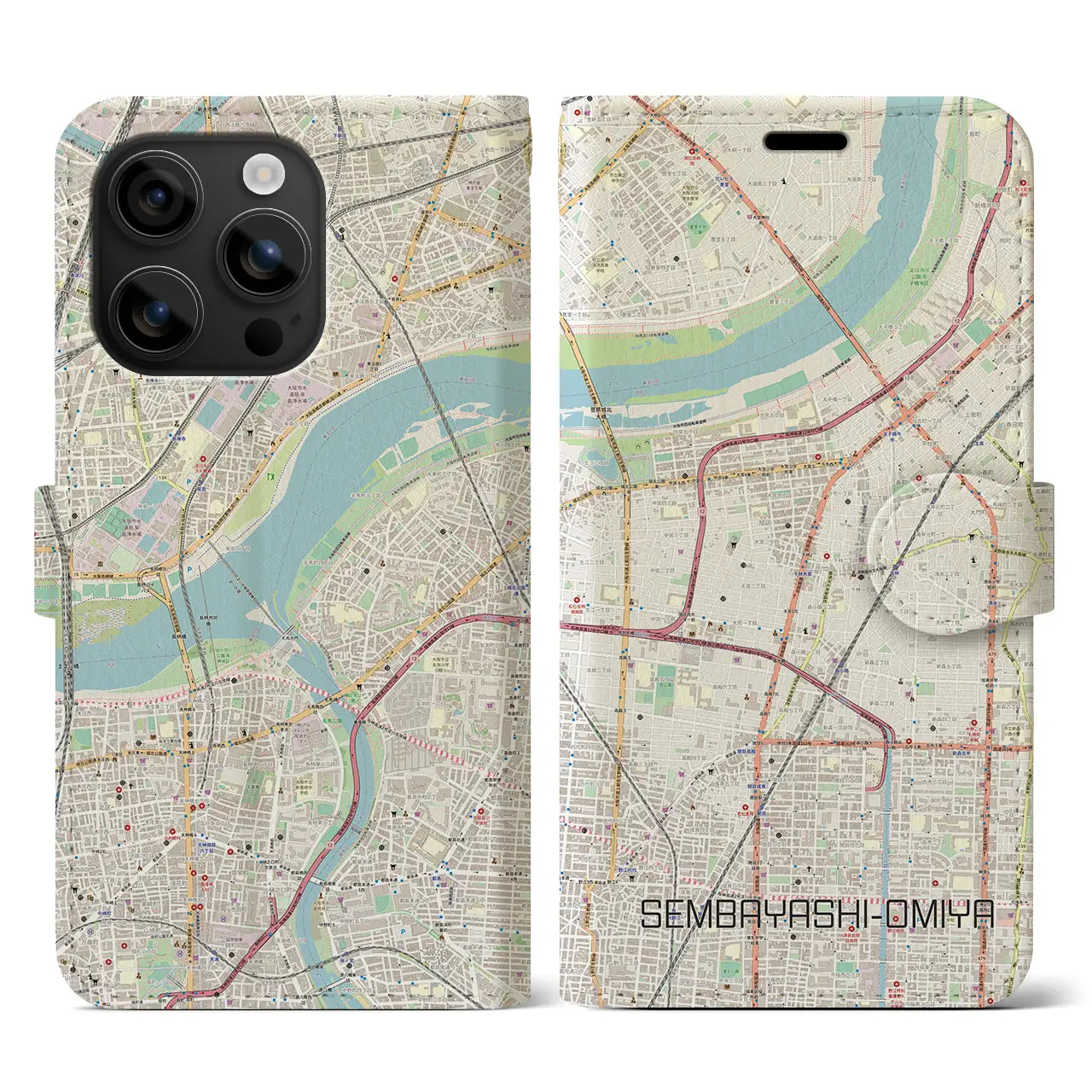 【千林大宮(大阪府)】地図柄iPhoneケース(手帳タイプ)ナチュラル・iPhone 16 用