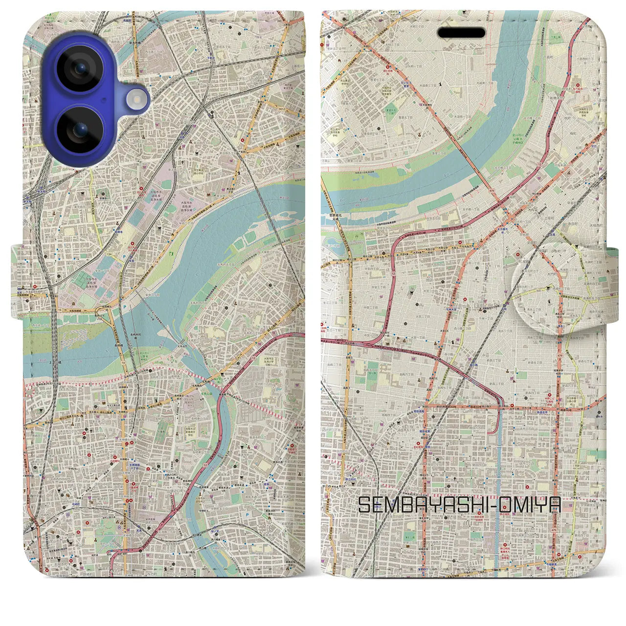 【千林大宮(大阪府)】地図柄iPhoneケース(手帳タイプ)ナチュラル・iPhone 16 Pro Max 用