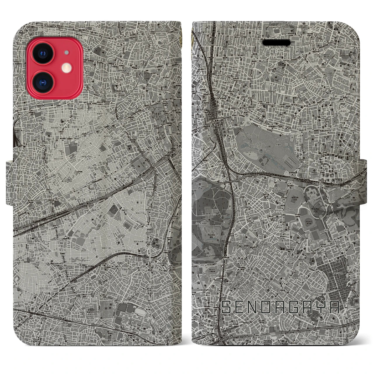 【千駄ケ谷(東京都)】地図柄iPhoneケース(手帳タイプ)モノトーン・iPhone 11 用