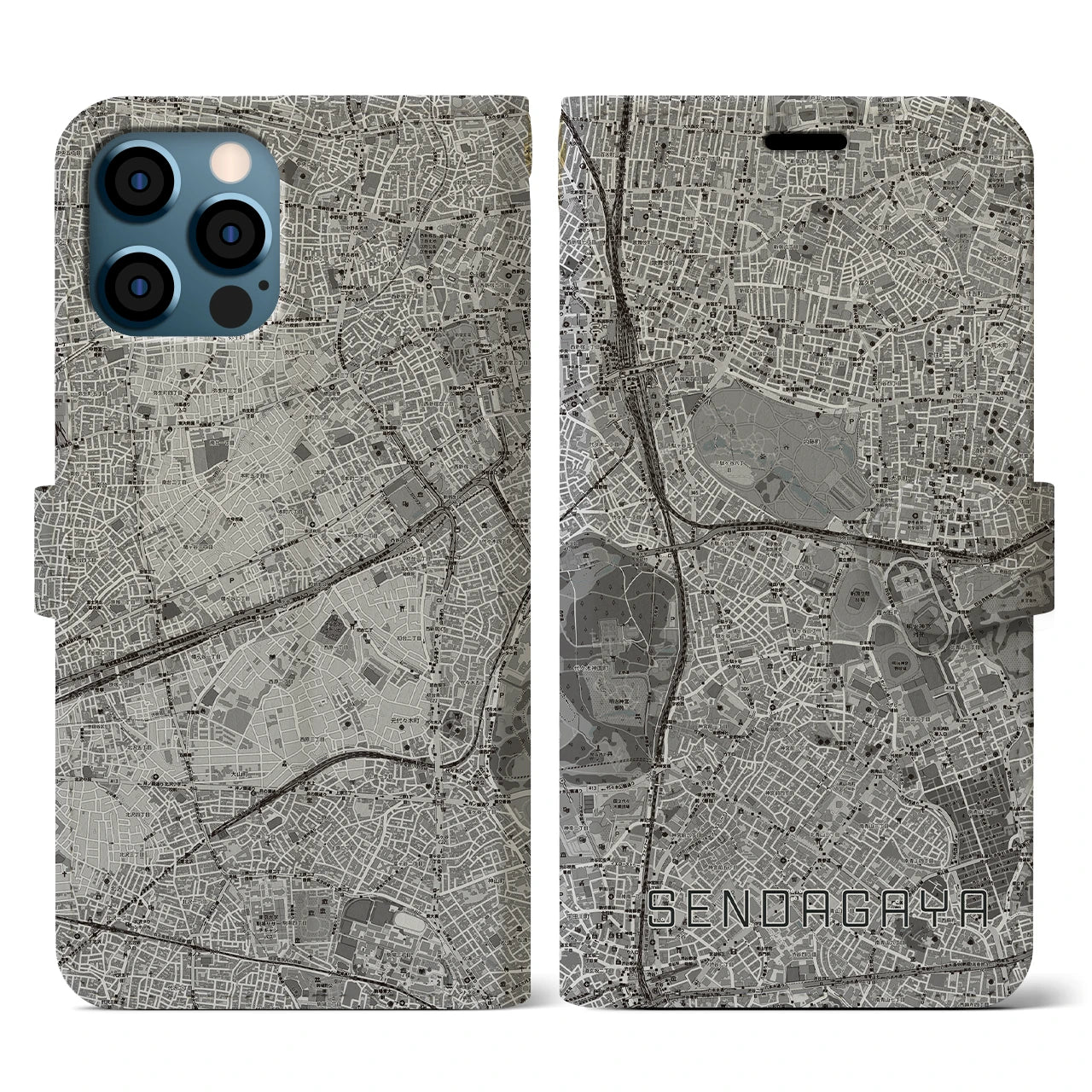 【千駄ケ谷(東京都)】地図柄iPhoneケース(手帳タイプ)モノトーン・iPhone 12 / 12 Pro 用
