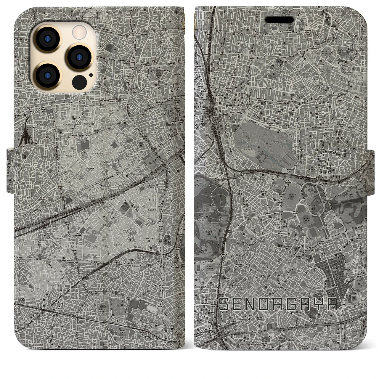 【千駄ケ谷(東京都)】地図柄iPhoneケース(手帳タイプ)モノトーン・iPhone 12 Pro Max 用