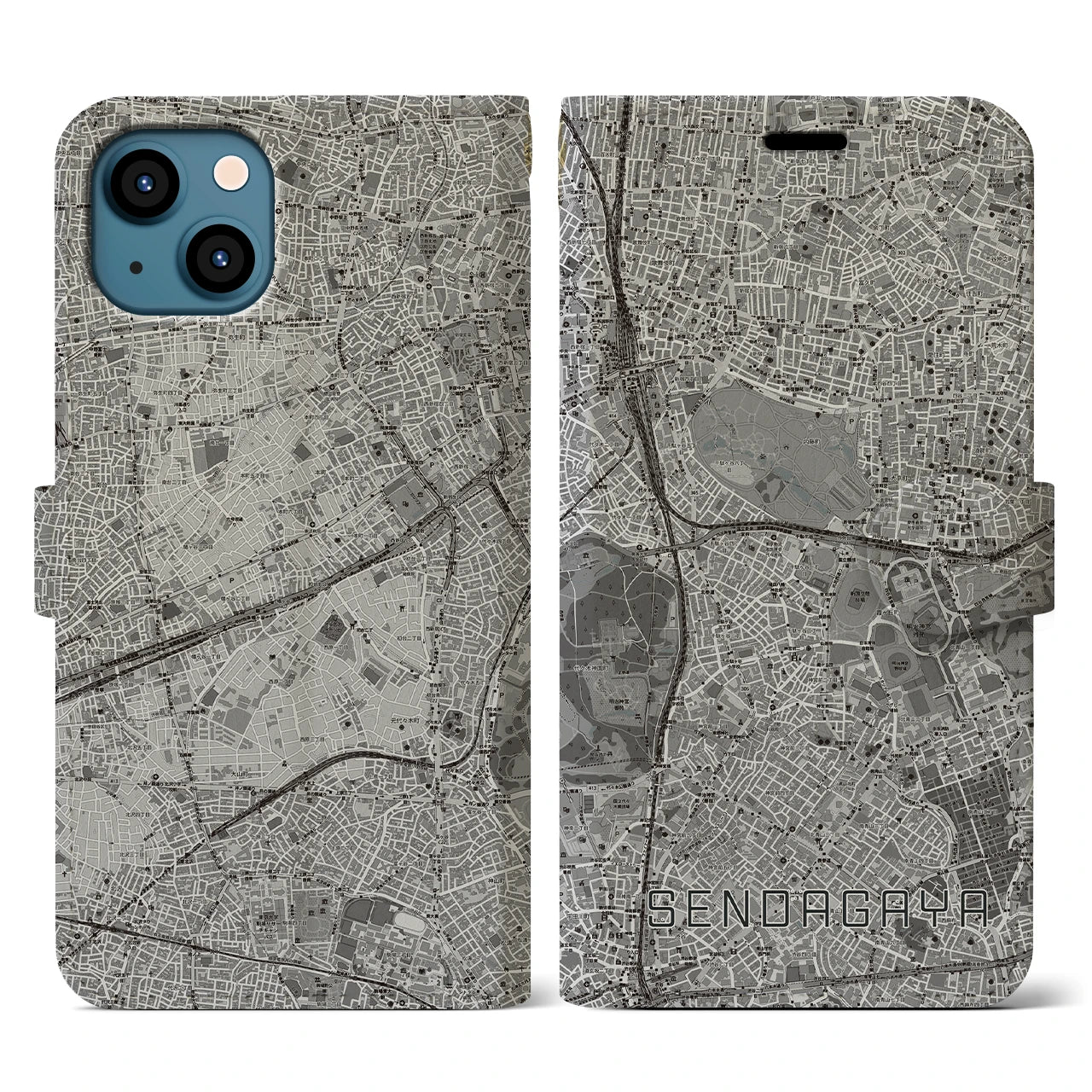 【千駄ケ谷(東京都)】地図柄iPhoneケース(手帳タイプ)モノトーン・iPhone 13 用