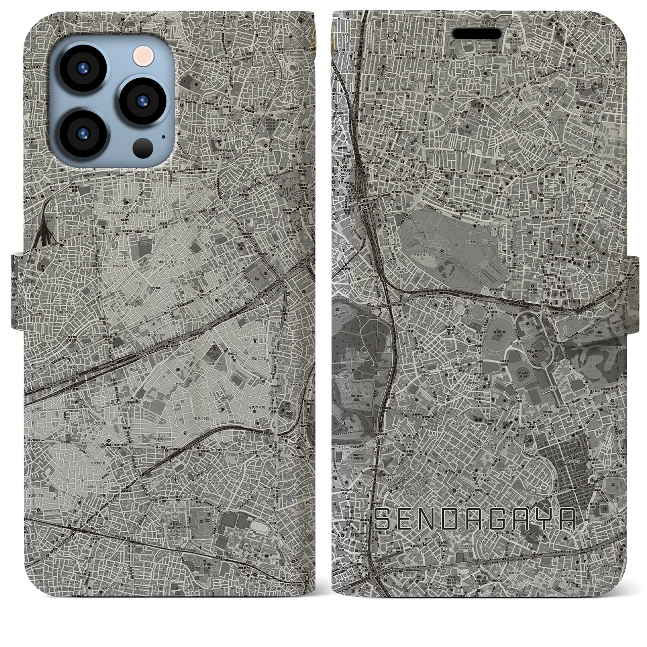 【千駄ケ谷(東京都)】地図柄iPhoneケース(手帳タイプ)モノトーン・iPhone 13 Pro Max 用