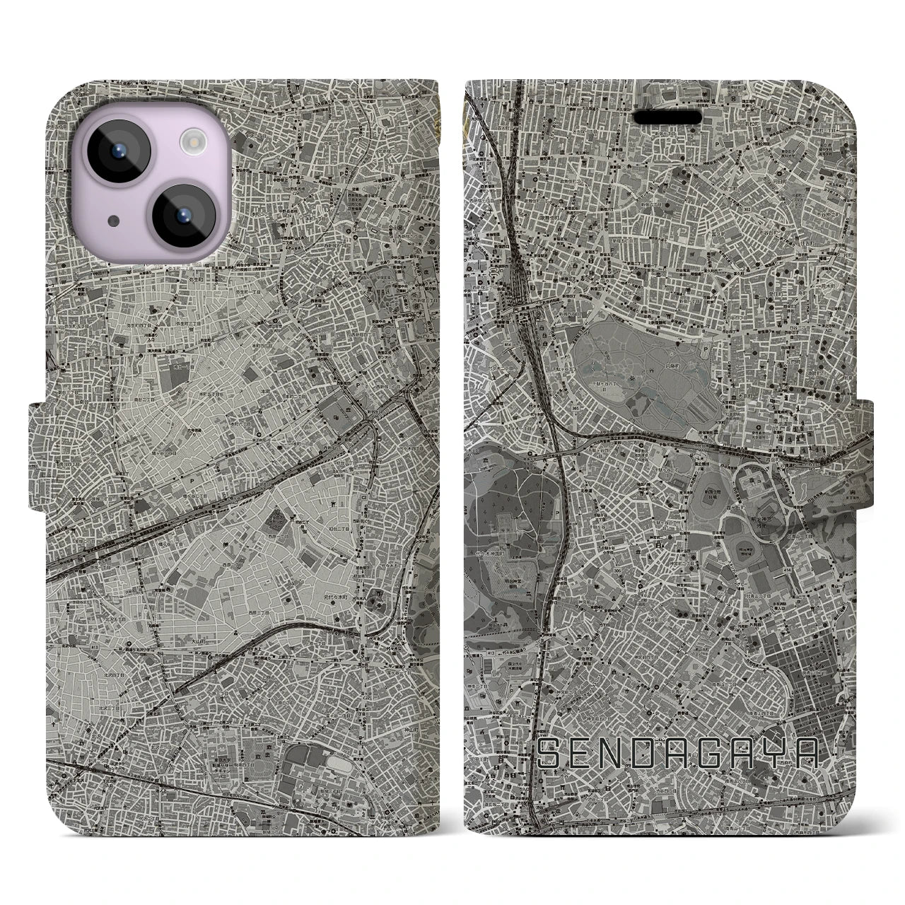 【千駄ケ谷(東京都)】地図柄iPhoneケース(手帳タイプ)モノトーン・iPhone 14 用