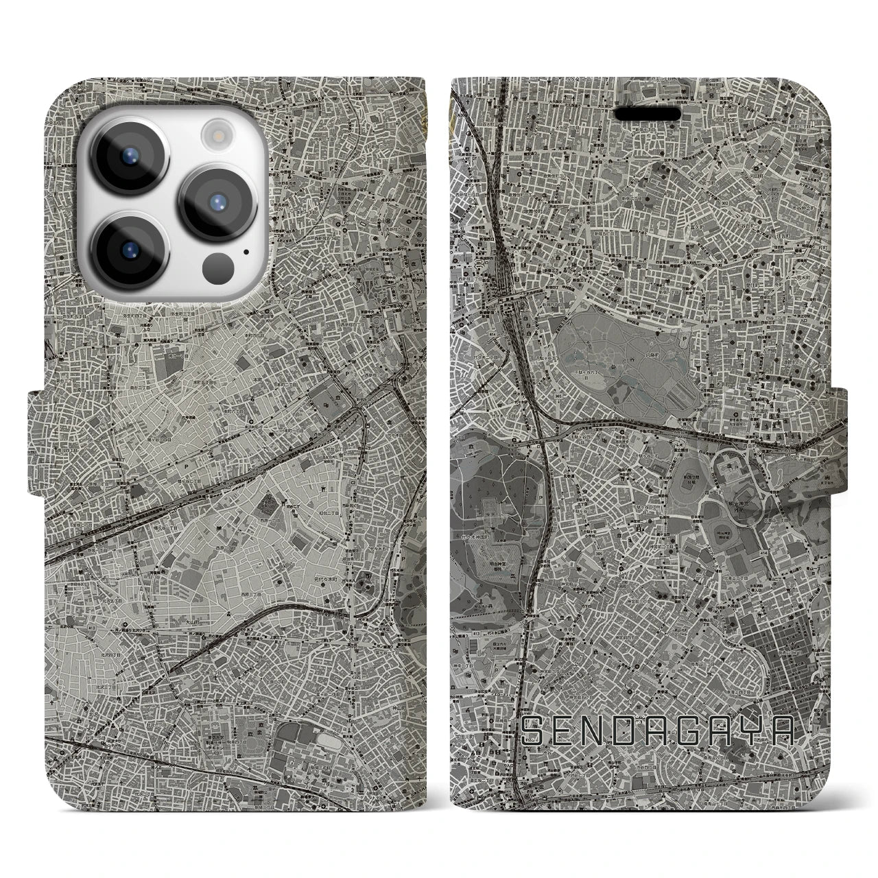 【千駄ケ谷(東京都)】地図柄iPhoneケース(手帳タイプ)モノトーン・iPhone 14 Pro 用
