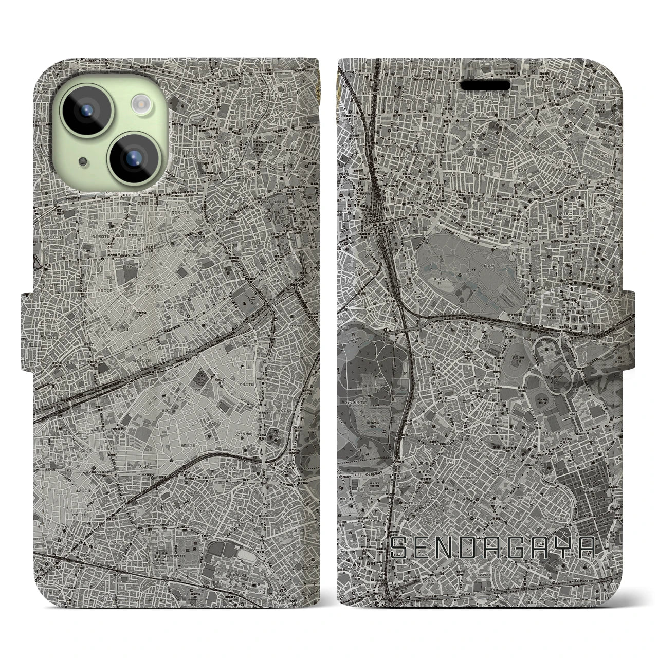 【千駄ケ谷(東京都)】地図柄iPhoneケース(手帳タイプ)モノトーン・iPhone 15 用