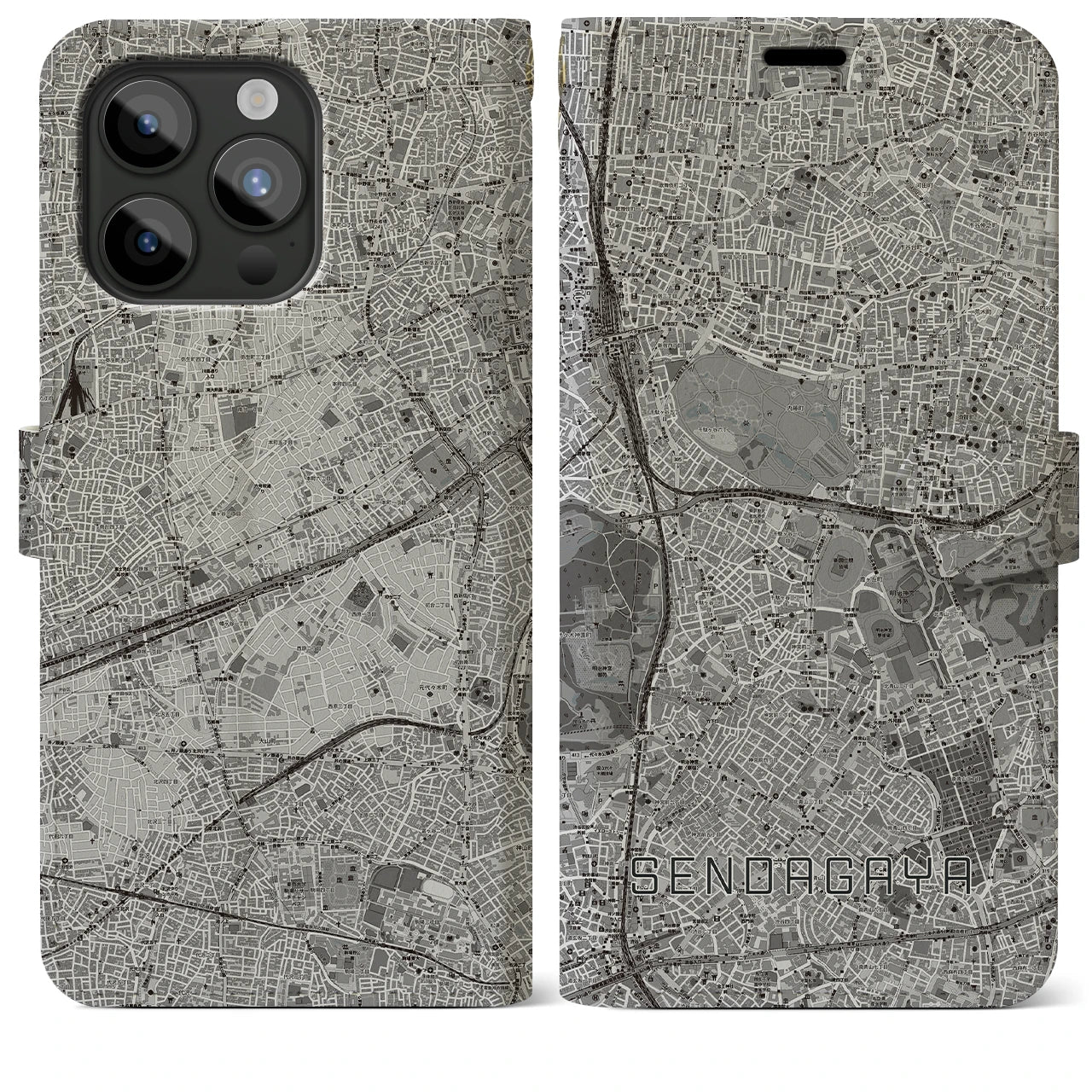 【千駄ケ谷(東京都)】地図柄iPhoneケース(手帳タイプ)モノトーン・iPhone 15 Pro Max 用