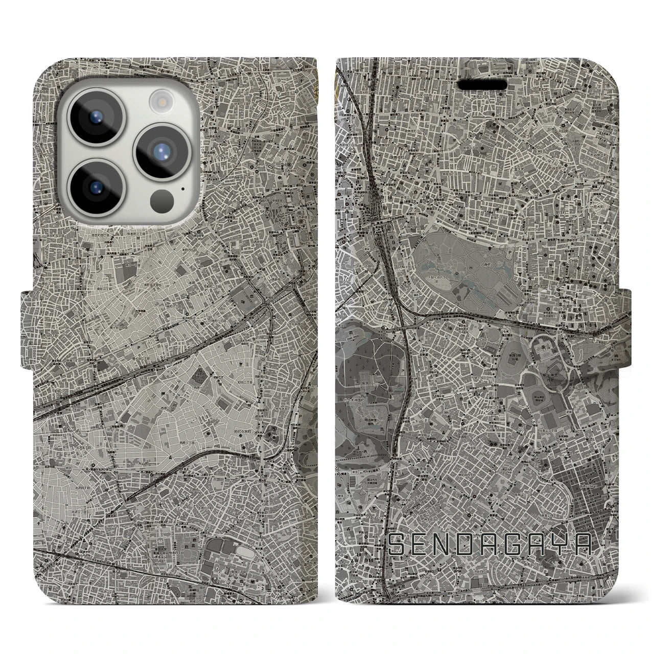 【千駄ケ谷(東京都)】地図柄iPhoneケース(手帳タイプ)モノトーン・iPhone 15 Pro 用