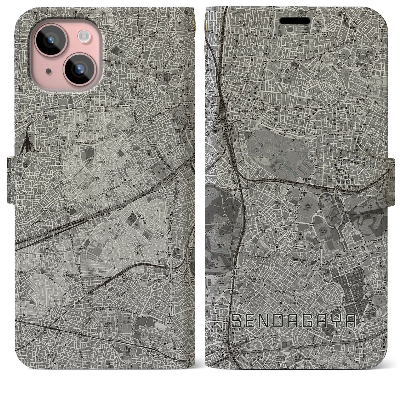 【千駄ケ谷(東京都)】地図柄iPhoneケース(手帳タイプ)モノトーン・iPhone 15 Plus 用