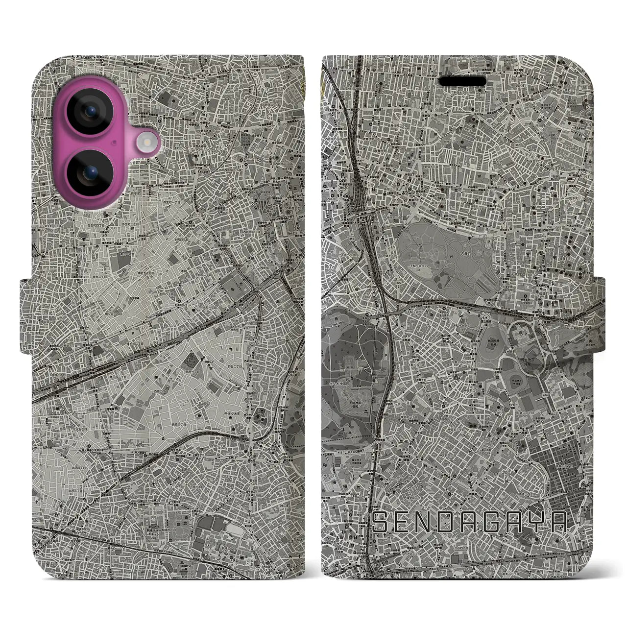 【千駄ケ谷(東京都)】地図柄iPhoneケース(手帳タイプ)モノトーン・iPhone 16 Pro 用