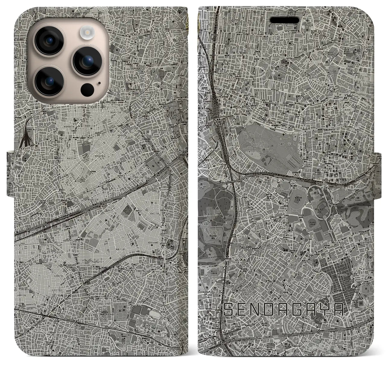 【千駄ケ谷(東京都)】地図柄iPhoneケース(手帳タイプ)モノトーン・iPhone 16 Plus 用