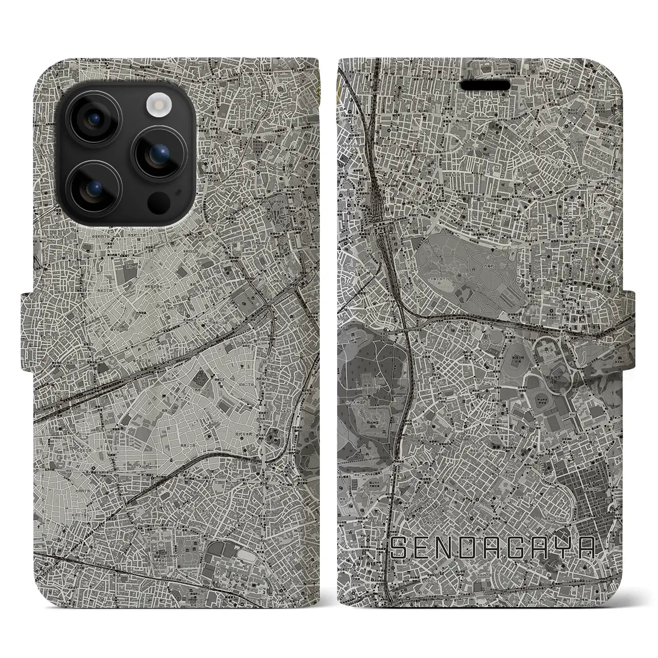 【千駄ケ谷(東京都)】地図柄iPhoneケース(手帳タイプ)モノトーン・iPhone 16 用