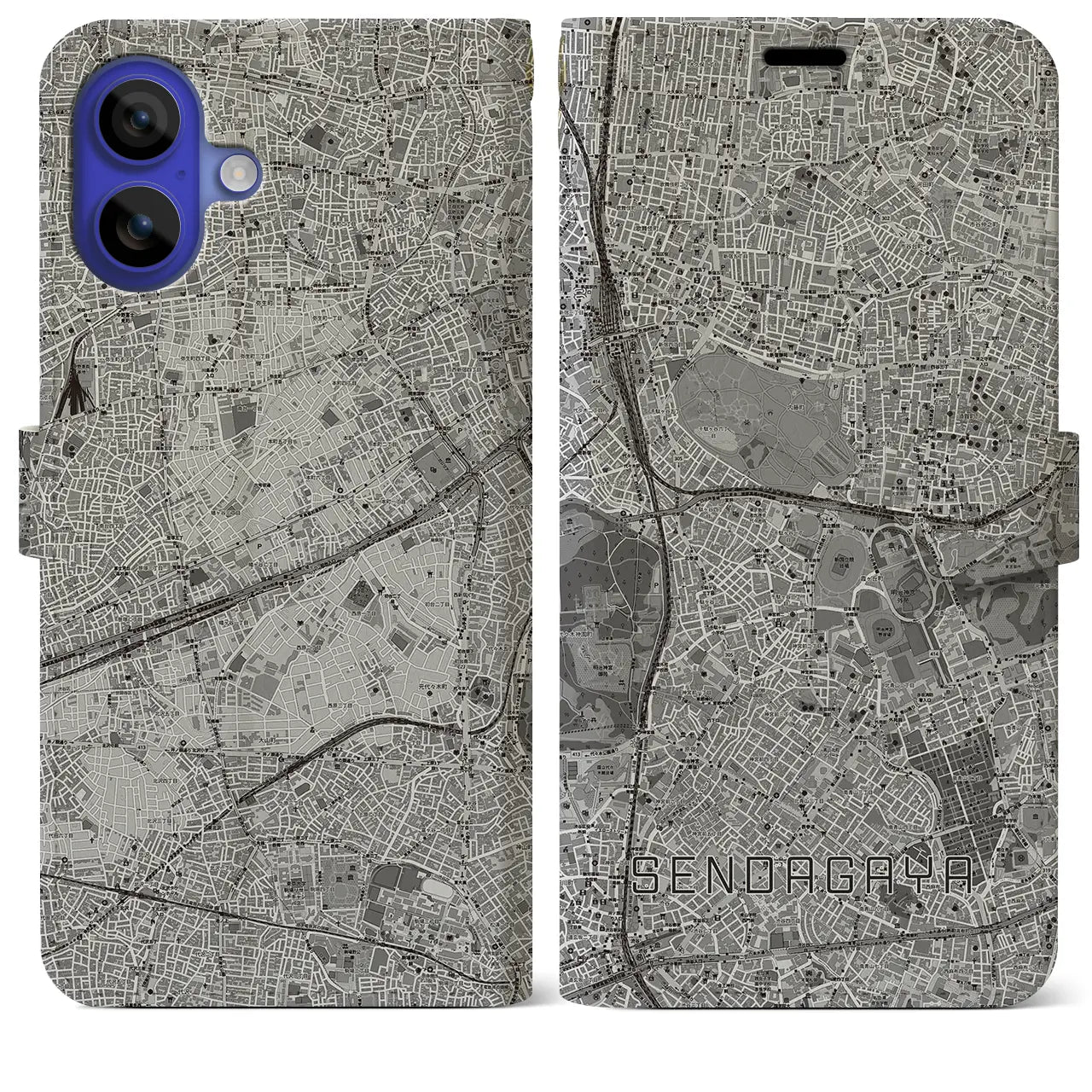 【千駄ケ谷(東京都)】地図柄iPhoneケース(手帳タイプ)モノトーン・iPhone 16 Pro Max 用