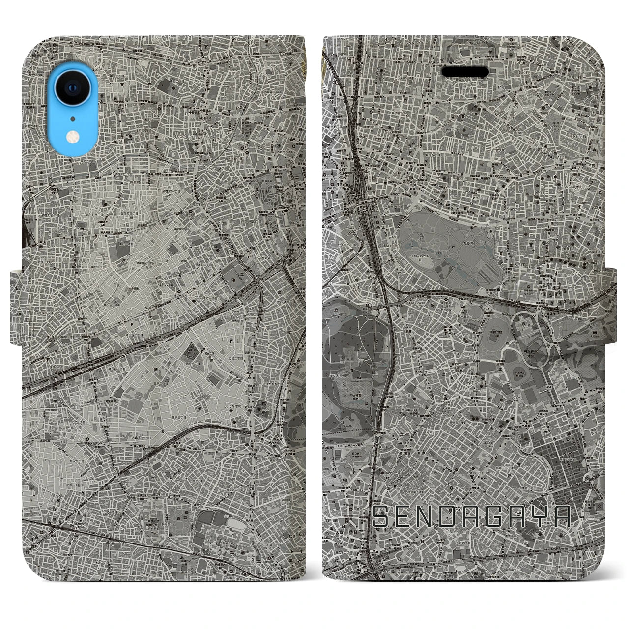 【千駄ケ谷(東京都)】地図柄iPhoneケース(手帳タイプ)モノトーン・iPhone XR 用