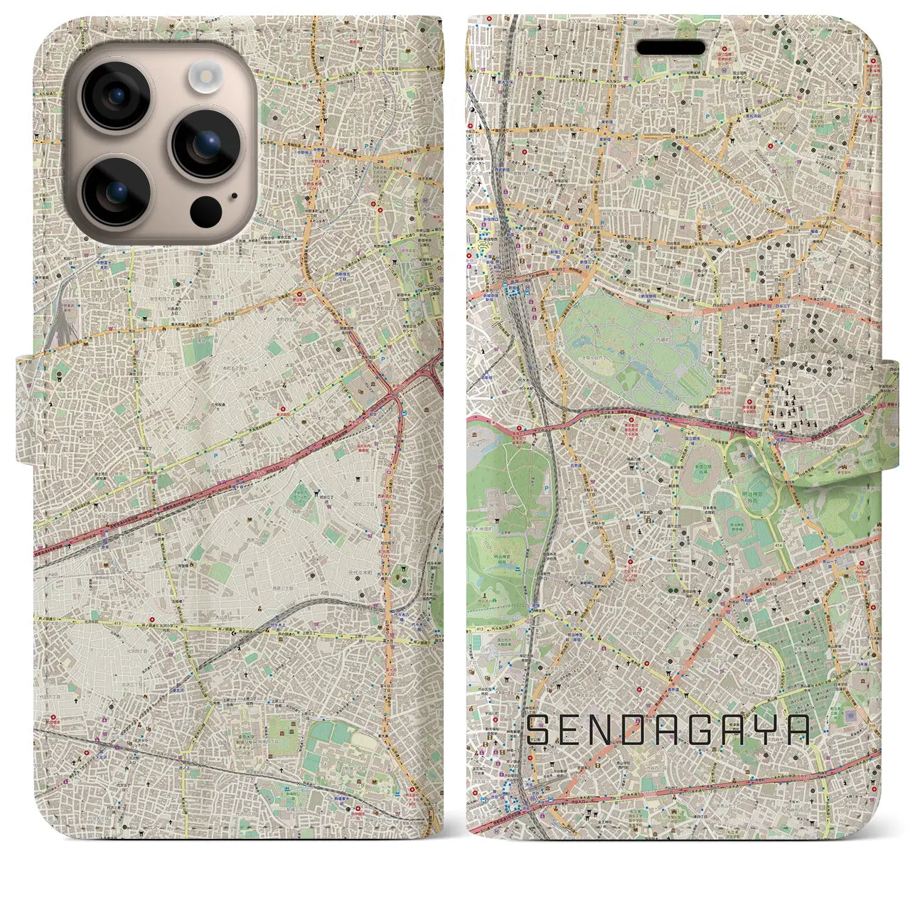 【千駄ケ谷(東京都)】地図柄iPhoneケース(手帳タイプ)ナチュラル・iPhone 16 Plus 用