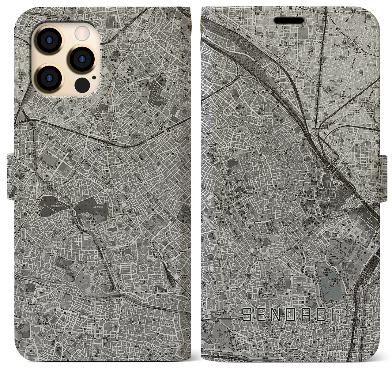 【千駄木(東京都)】地図柄iPhoneケース(手帳タイプ)モノトーン・iPhone 12 Pro Max 用